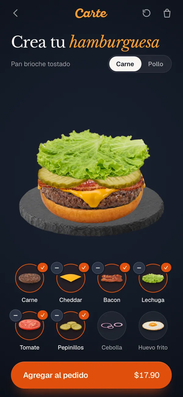 Un cliente armando su propia hamburguesa, capa por capa