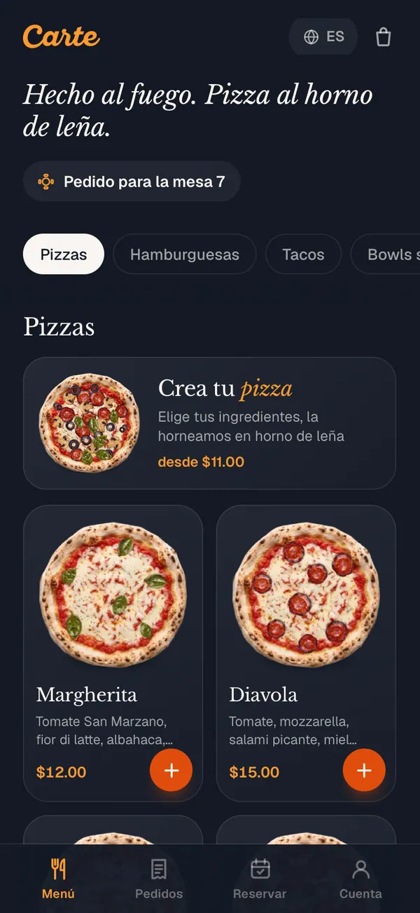 El menú propio de un restaurante en un teléfono