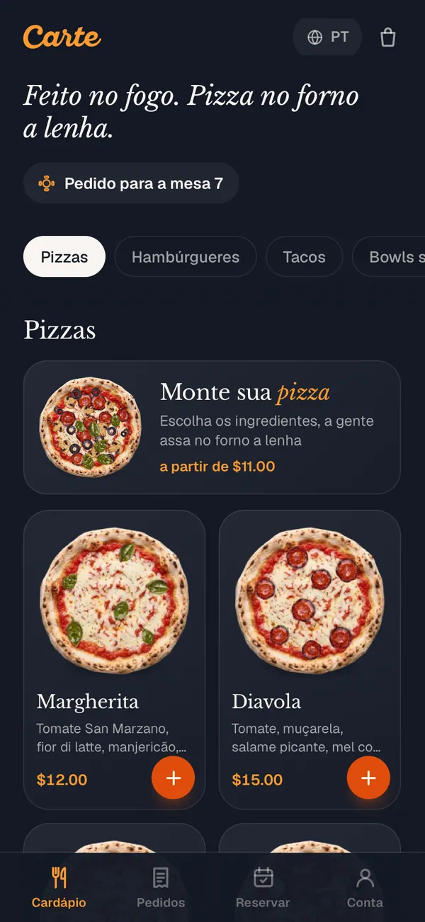 O cardápio do restaurante de demonstração com fotos e preços
