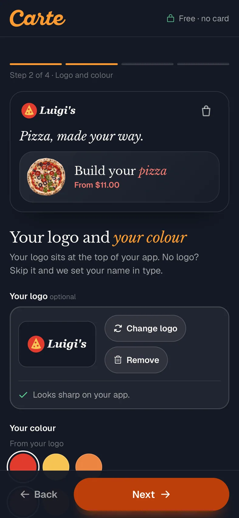 Making an app on a phone: the logo and colour step, with the app taking shape above it