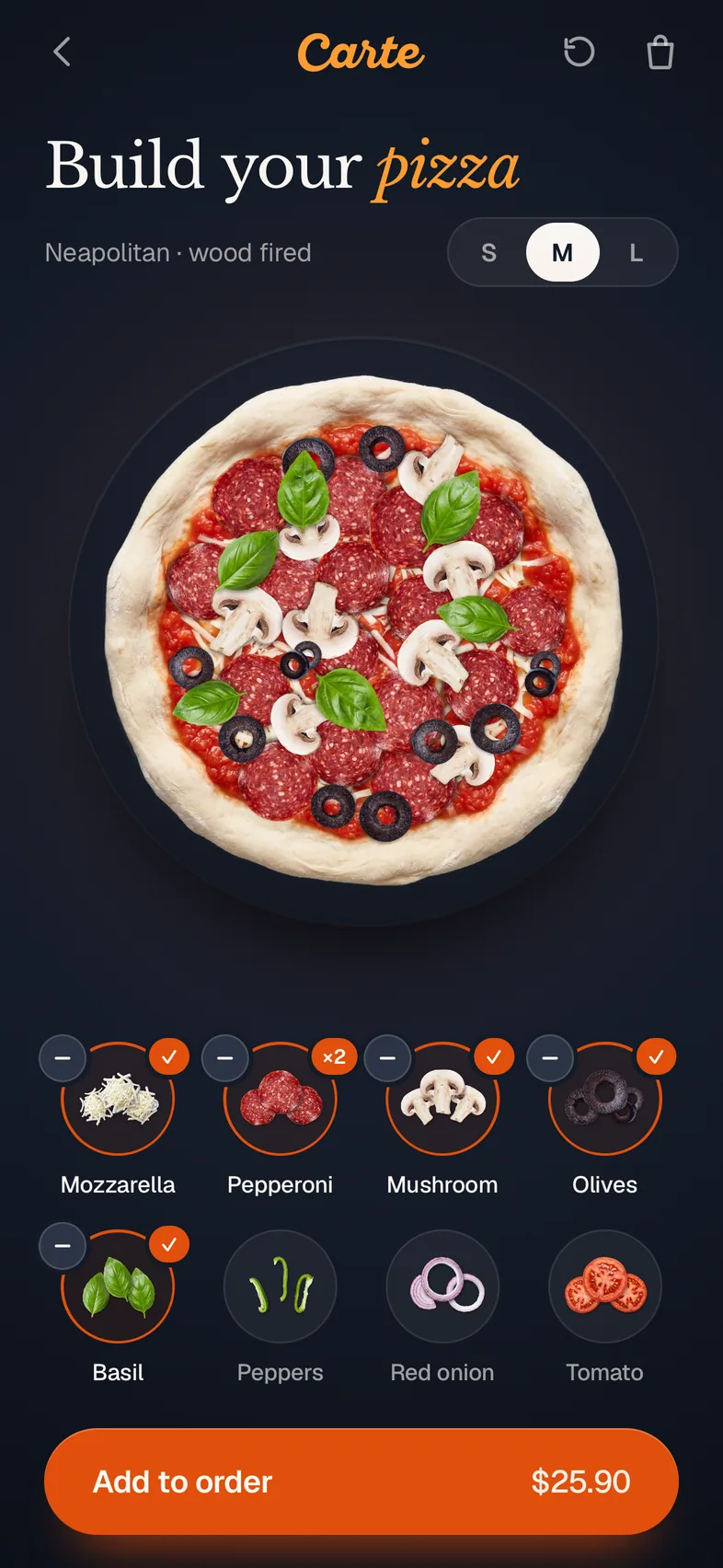 The guest app: a pizza being built